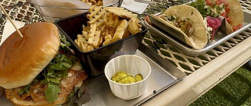 Veggie burger made vegan and the falafel tacos   at Mammoth Brewing Company in Mammoth Lakes