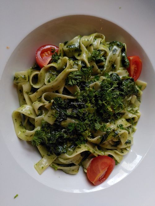 Tagliatelle with spinach, wild garlic pesto and oat cream at Pension Wieseneck in Hiddensee