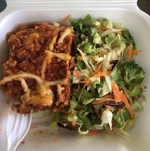 Eggplant lasagna with salad at La Familia in Mayaguez