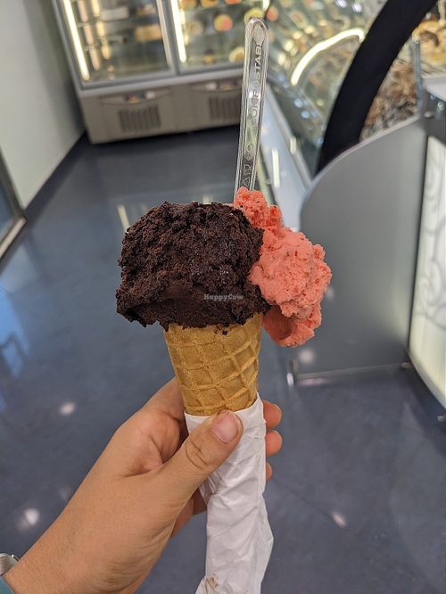 Chocolate and Strawberry ice cream at Gelateria Artik Bar in Aspra