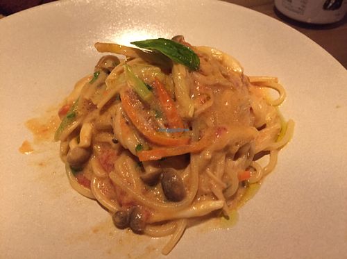Mushroom spaghetti with tomato cream sauce at Ukishima Garden in Naha