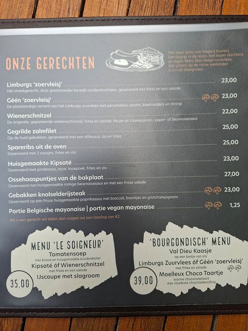 Menu june 2025. 2 broccoli means its vegan at Bistro Le Soigneur in Plombieres