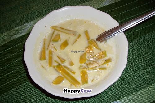 Dessert: warm coconut milk with pumpkin and sesame at May Kaidee's Vegetarian Restaurant - Samsen in Bangkok