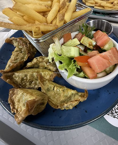 Vegan Dumplings with chips and salad  at The Frantic Chef  in Liscannor