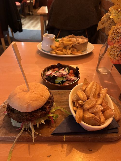 Spiced lentil burger, and Mediterranean veg pie  at Brecon Tap in Brecon