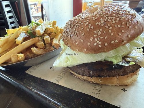 Impossible burger & garlic fries   at Joinery - Beer Hall in Sausalito