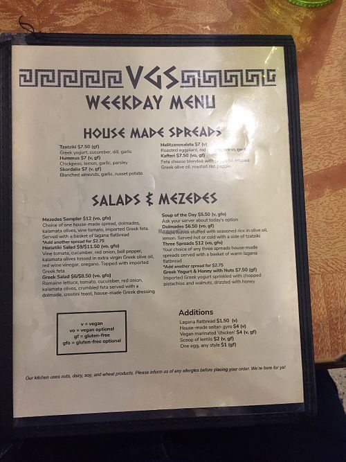 Weekday menu at Voula's Greek Sweets in Rochester