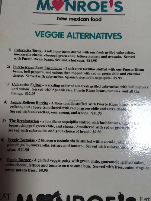 The vegetarian menu at Monroe's Restaurant in Albuquerque