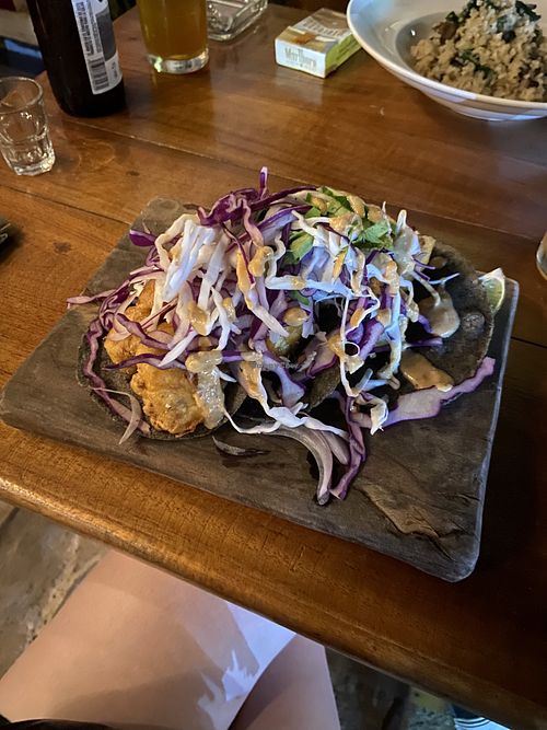 Cauliflower tacos (way too much cabbage!)  at La Hoja Verde in Tulum