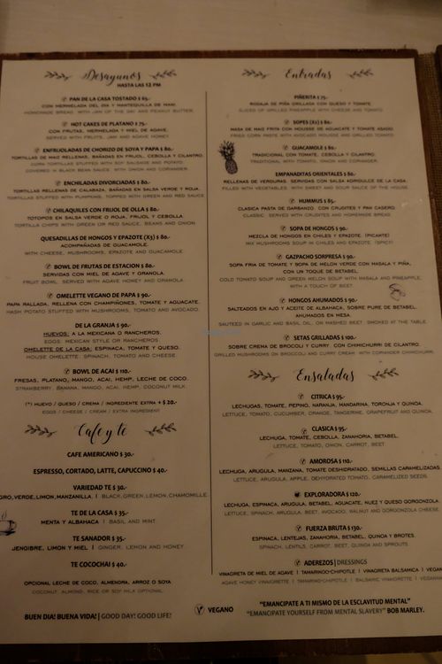 Menu at La Hoja Verde in Tulum