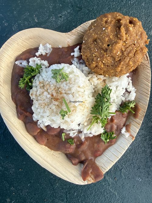 Red beans and rice with corn bread  at The Creole Vegan - Pop-up in Denver