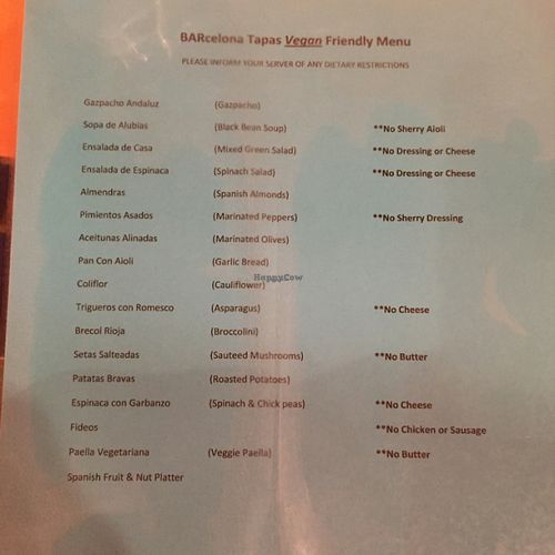 ";Vegan menu"; (ingredients not included to make their plates Vegan) at BARcelona Tapas in Indianapolis