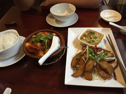 potato dish and oyster mushrooms with apple sauce  at Hum Vegetarian - District 3 in Ho Chi Minh City