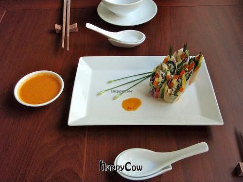 Fresh Vietnamese Spring Rolls with spicy sauce at Hum Vegetarian - District 3 in Ho Chi Minh City