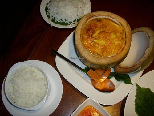 Curried mushrooms and tofu steamed in a coconut at Hum Vegetarian - District 3 in Ho Chi Minh City