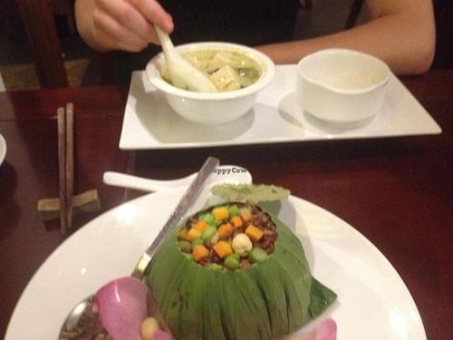 brown rice in lotus leaf and green curry at Hum Vegetarian - District 3 in Ho Chi Minh City