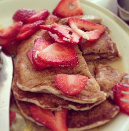Almond-flavored pancakes with fresh strawberries (I omit the feta cheese) at Bragg's Factory Diner in Phoenix