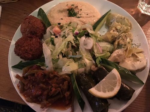 vegan mezze - falafel, hummus, artichokes, dolmades, green beans at Empires Cafe in Edinburgh