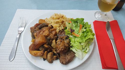 Tasty soy steaks with mushrooms, potatoes, rice & salad. at Tribo da Terra in Lisbon