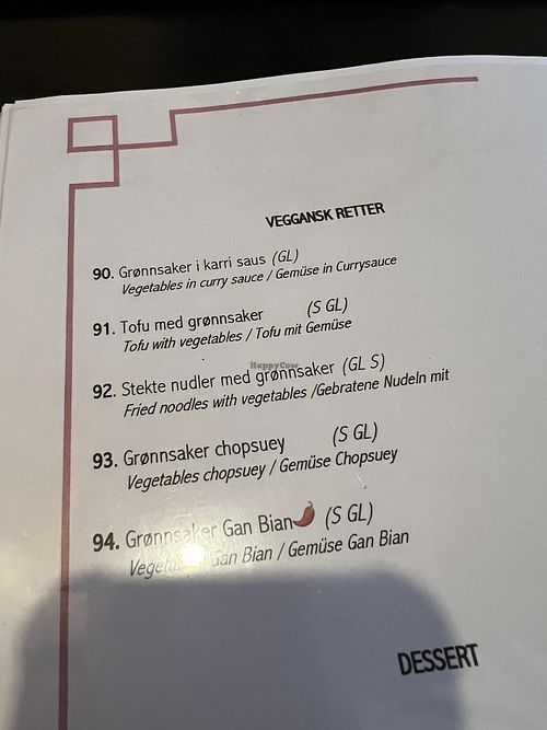 Vegan dishes in the menu  at China Palace in Risor