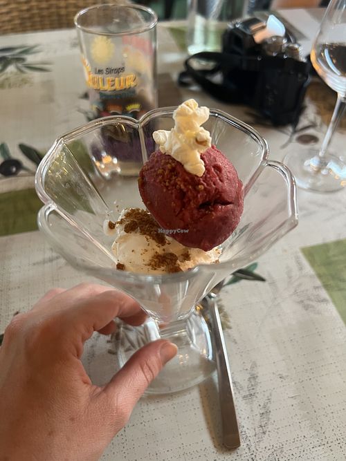 Kokossorbet, Himbeersorbet mit einem Popcorn  at Le Petit Paradis in Malaucene