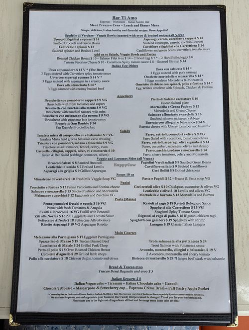 Menu at Bar Ti Amo in Atlanta