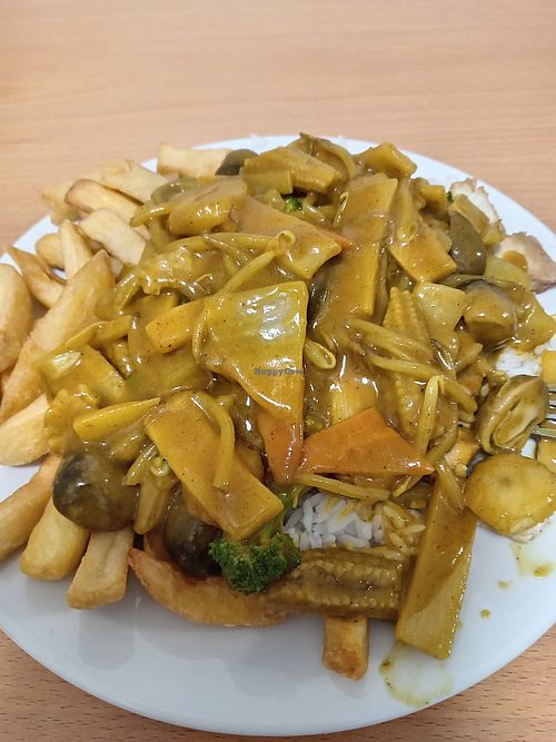 Mixed vegetable curry with rice and chips at De Bao in Skegness