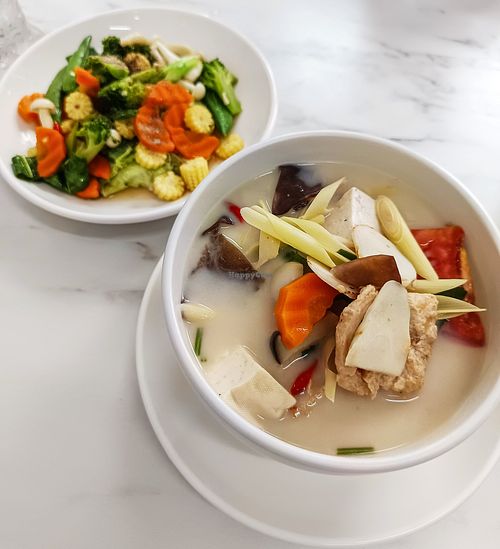 Tom Kha and mixed veggies at Vegan House Pattaya in Pattaya