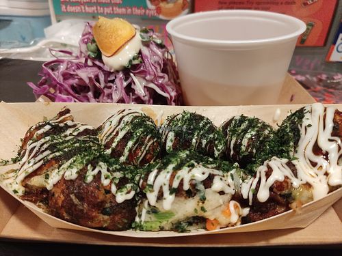 Takoyaki with standard sauce (miso soup and salad on the side) at OKO Takoyaki in Osaka