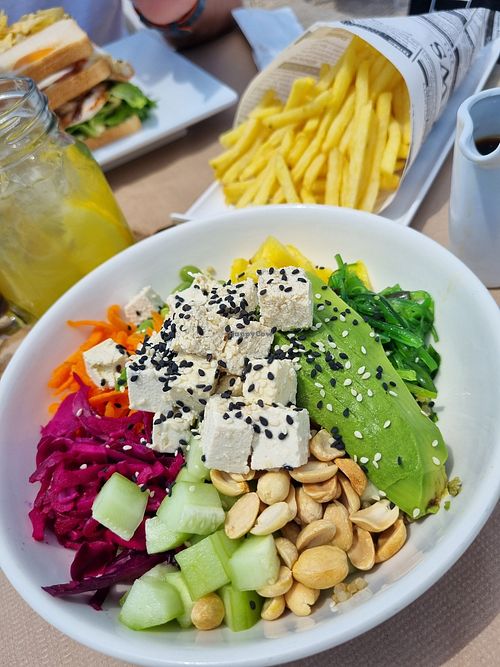 Salad bowl with quinoa and tofu. Soy and lime dressing is vegan. This was massive and SO good at Borda d'Água in Fuseta