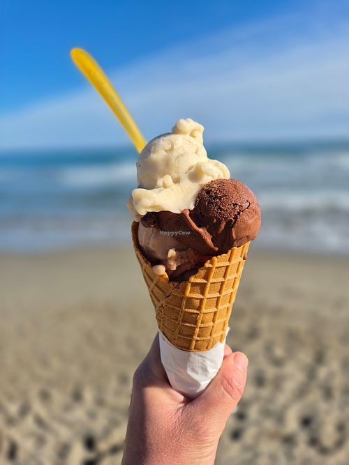 Cialda con gelato gusti castagna, cioccolato fondente e banana. Tutto vegano. at Perlecò in Alassio