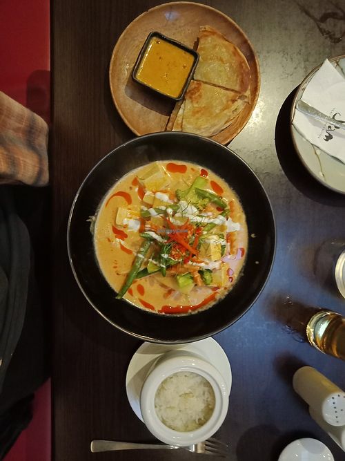 vegan red curry, sticky rice and roti with satay sauce at Siam in New Plymouth