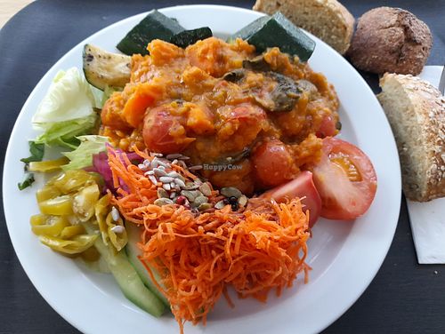 Indian style sweet potato & organic lentil dal, vegetables, bread. at Restaurant Mau-Kas in Espoo