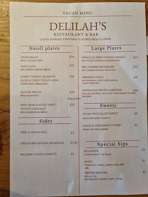 Delilah's vegan menu at Delilah's in Lochinver