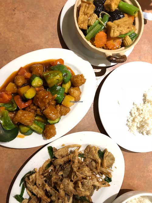 sweet and sour, tofu claypot and fried mushrooms at Lotus Vegetarian in Northbridge