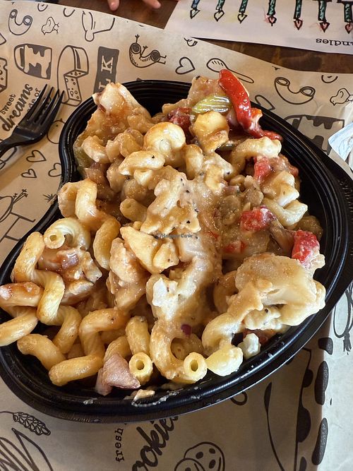 Build your own - noodles, cauliflower, vegan cheese sauce, roasted red pepper, onion, mushrooms, pickles and bbq sauce.  at I Heart Mac & Cheese in Colorado Springs