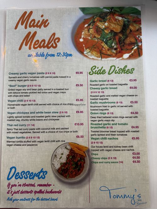 Vegan Menu  at Tommy's Bar in Alicante