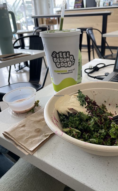 The Dimmer (with boosts) and Greek Hummus salad!!  at Beyond Juicery + Eatery in Copley