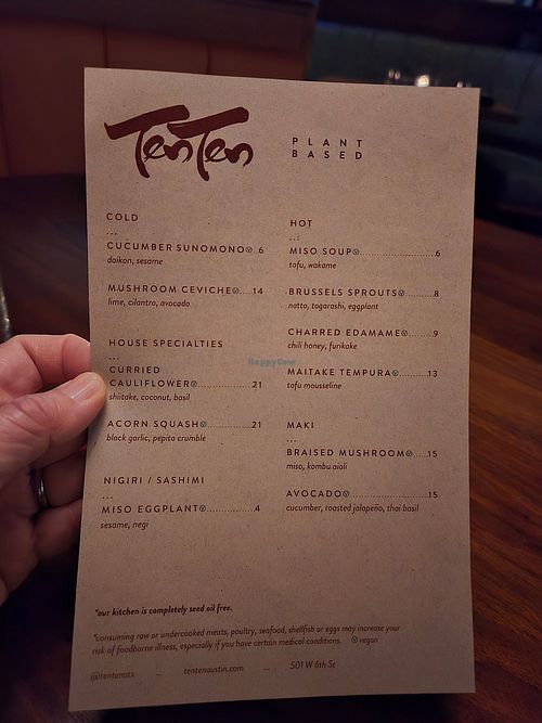 Menu Sunday Dec 8, 2024 at TenTen in Austin
