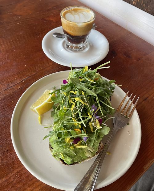 Emory’s Garden avocado toast with an oat milk cortado  at Fairlane Coffee in Portland