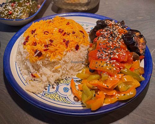saffron rice with grilled veggies at meet me halfway in Berlin