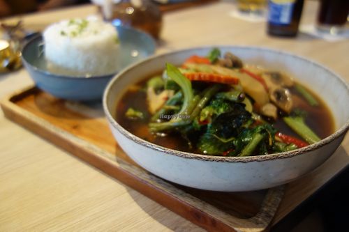 No. 005 Pad Kha Prau (very hot, mushrooms and vegetables fried in a wok, with chillies, garlic, and Thai basil) (vegan) at Keng Restaurant in Saarbrucken