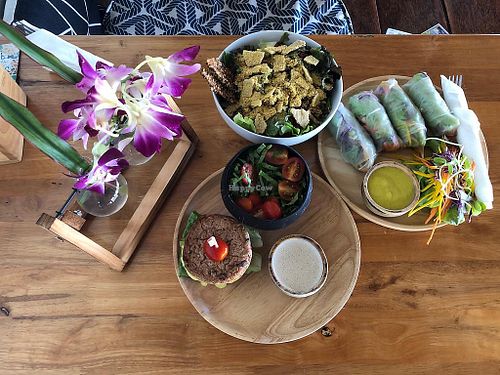Cesar salad, Tofu burger, rice rolls at Orion Cafe in Koh Phangan