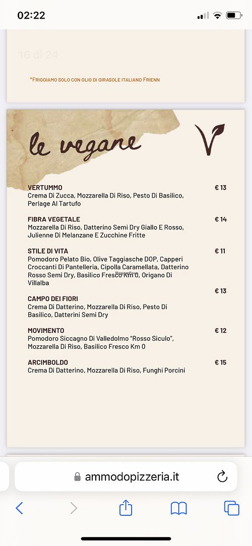 Menu delle pizze vegane  at Ammodo - La Pizza di Daniele Vaccarella in Palermo
