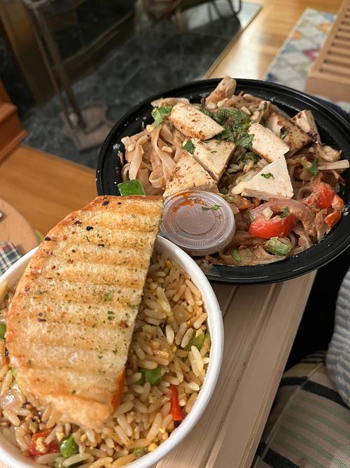 Garlic bread, fried rice, and peanut noodles at Vegan Ghost Noodle - Cloud Kitchen in Halifax