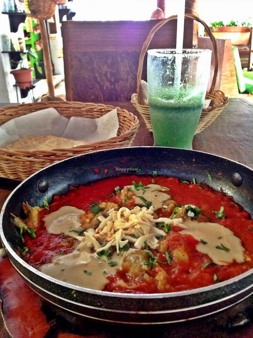 Vegan Casserole with Eggplant, Tahini and Grated Tofu with a Spirulina Green Smoothie.  at Bio & Natural - Con Constituyentes in Playa Del Carmen