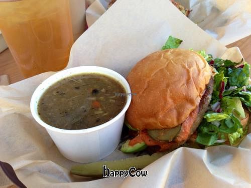 burger veganized without the cheese, soup of the day and their delicious Sport Tea! at Mead's Green Door Cafe in Orange