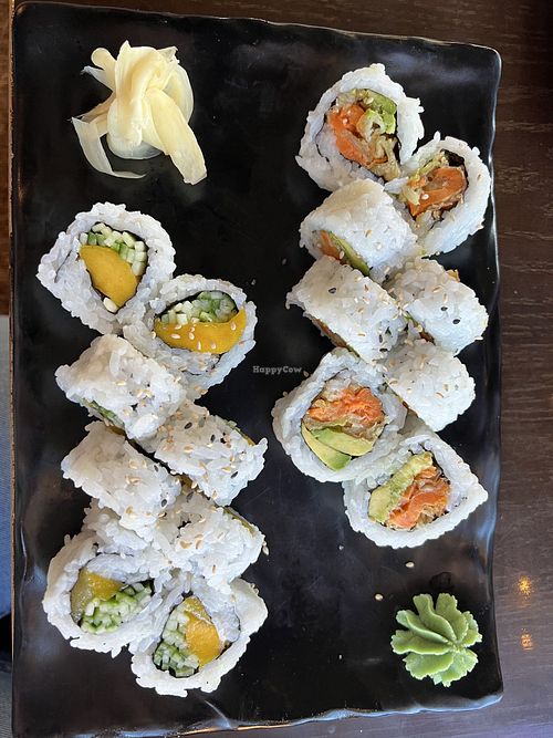 Mango and cucumber sushi & yam and avocado sushi  at Miki's Sushi  in Campbell River