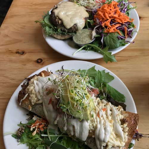 Burrito and Mushroom Burger!  at Superfresh Organic Cafe in Brattleboro