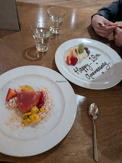 Terragon Peach Mousse desert and complimentary non vegan dessert for my husband for an anniversary at Peak Fine Restaurant in Vernon